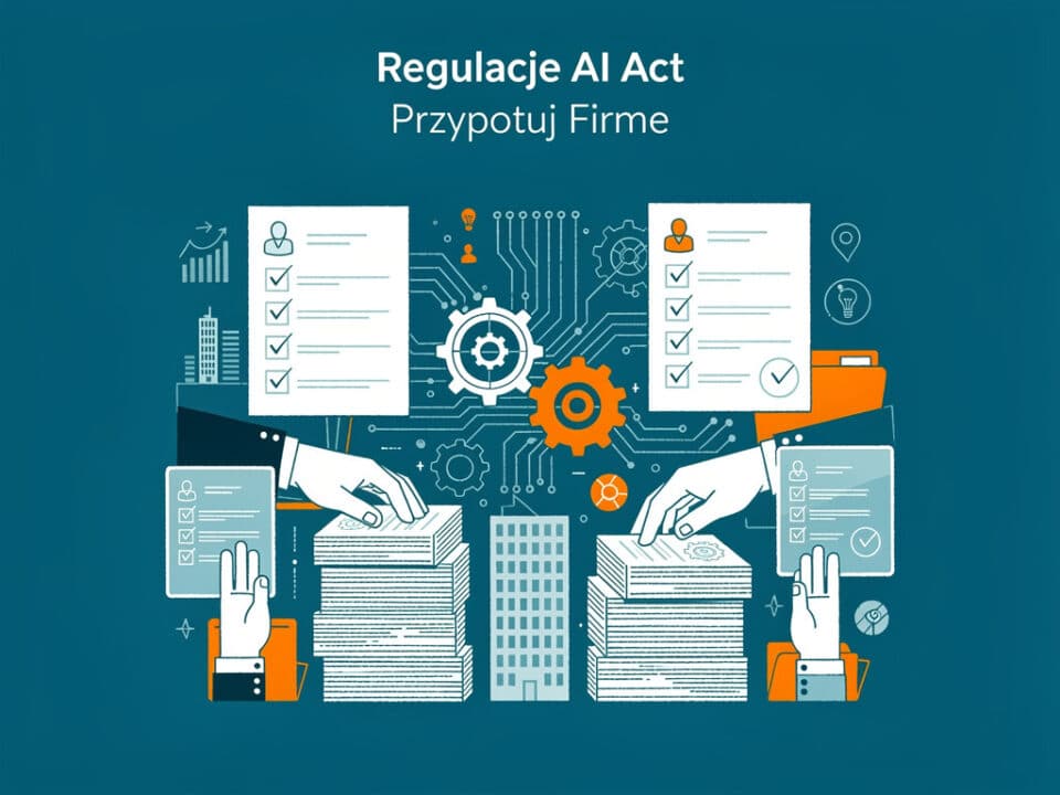 Ilustracja przedstawia regulacje AI Act i zarządzanie dokumentami w firmie.