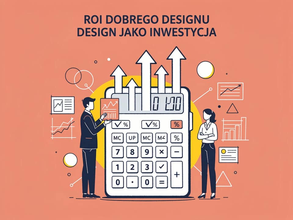 Kalkulator z wykresami i dwoma osobami, symbolizujący inwestycje i design.