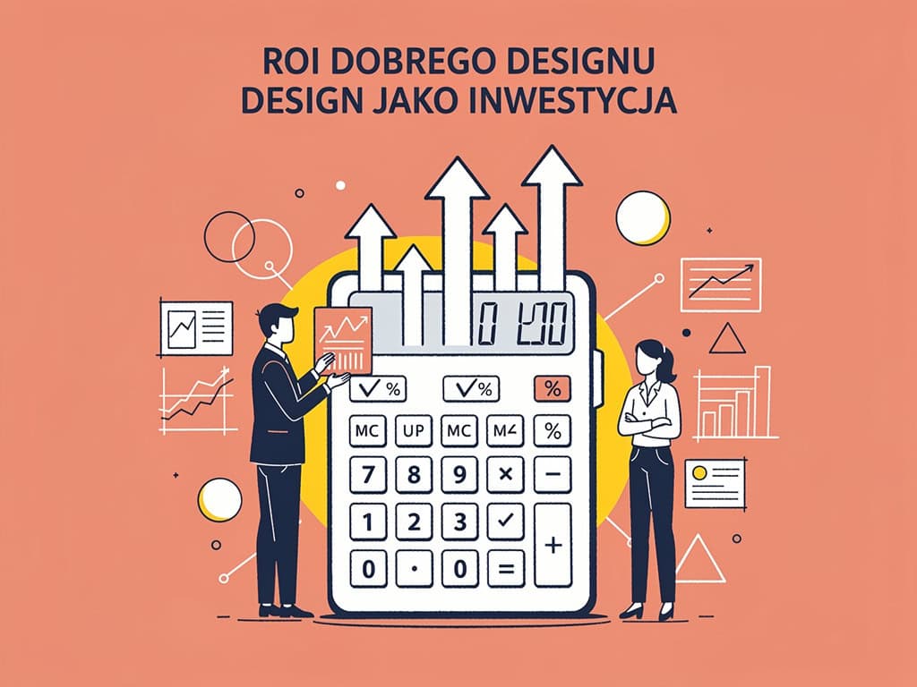 Kalkulator z wykresami i dwoma osobami, symbolizujący inwestycje i design.