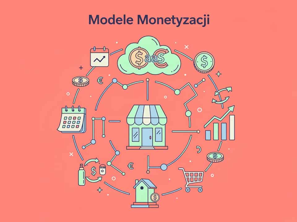 Sposoby monetyzacji SaaS z wykresami i ikonami na różowym tle.