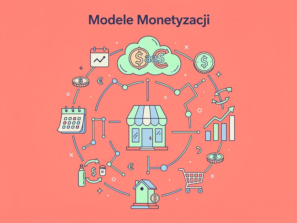 Sposoby monetyzacji SaaS z wykresami i ikonami na różowym tle.