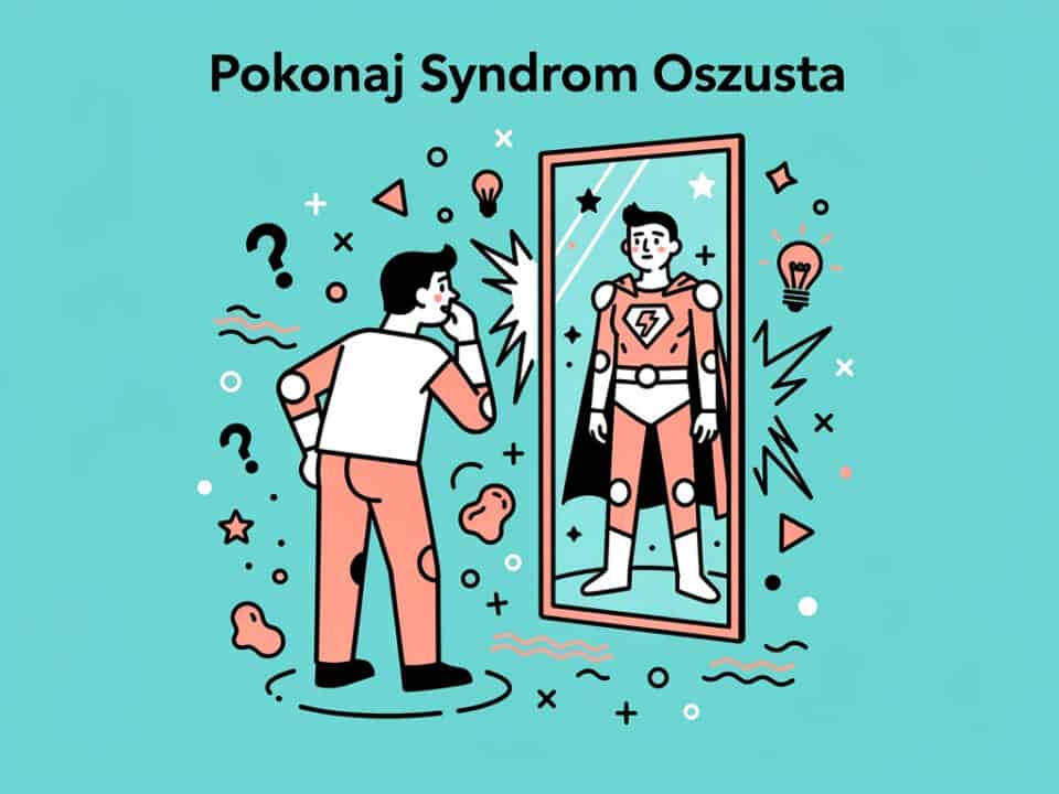 Ilustracja pokazująca osobę patrzącą na siebie w lustrze, symbolizująca pokonanie syndromu oszusta.