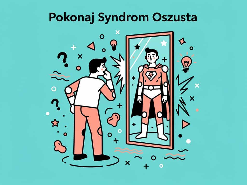 Ilustracja pokazująca osobę patrzącą na siebie w lustrze, symbolizująca pokonanie syndromu oszusta.