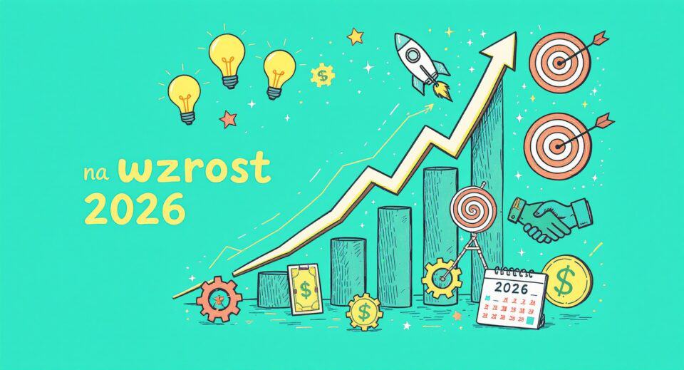 Wzrost gospodarczy na 2026 z wykresami i symbolami rozwoju.