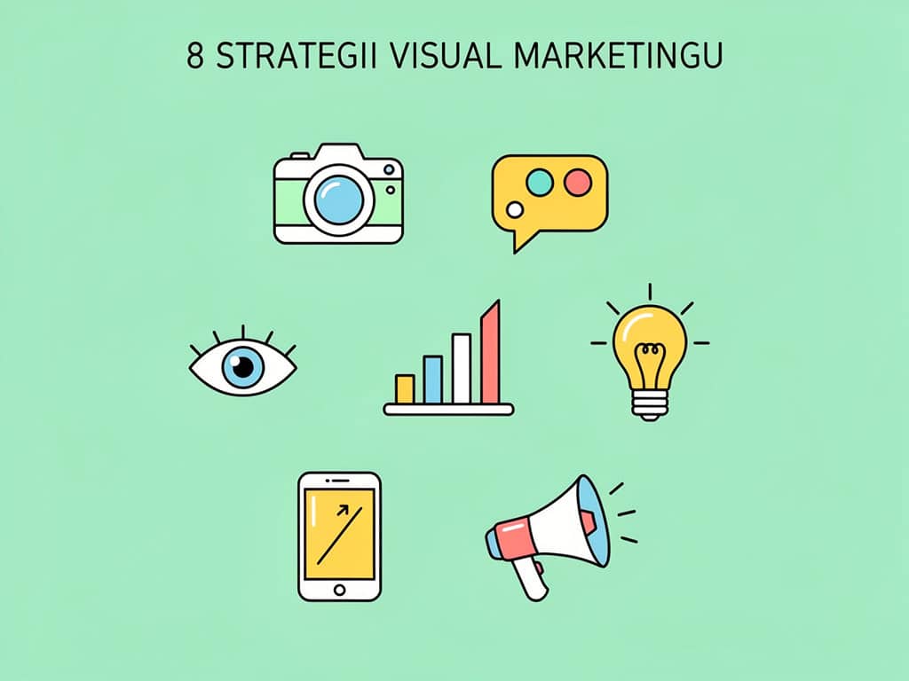 Fotografia przedstawia ilustrację z tekstem "8 strategii visual marketingu" oraz ikonami: aparat, ro.