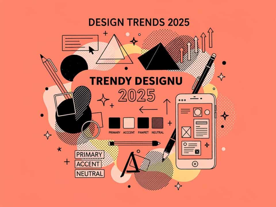 Nowy trend w projektowaniu 2025, grafika z narzędziami i smartfonem, styl nowoczesny.