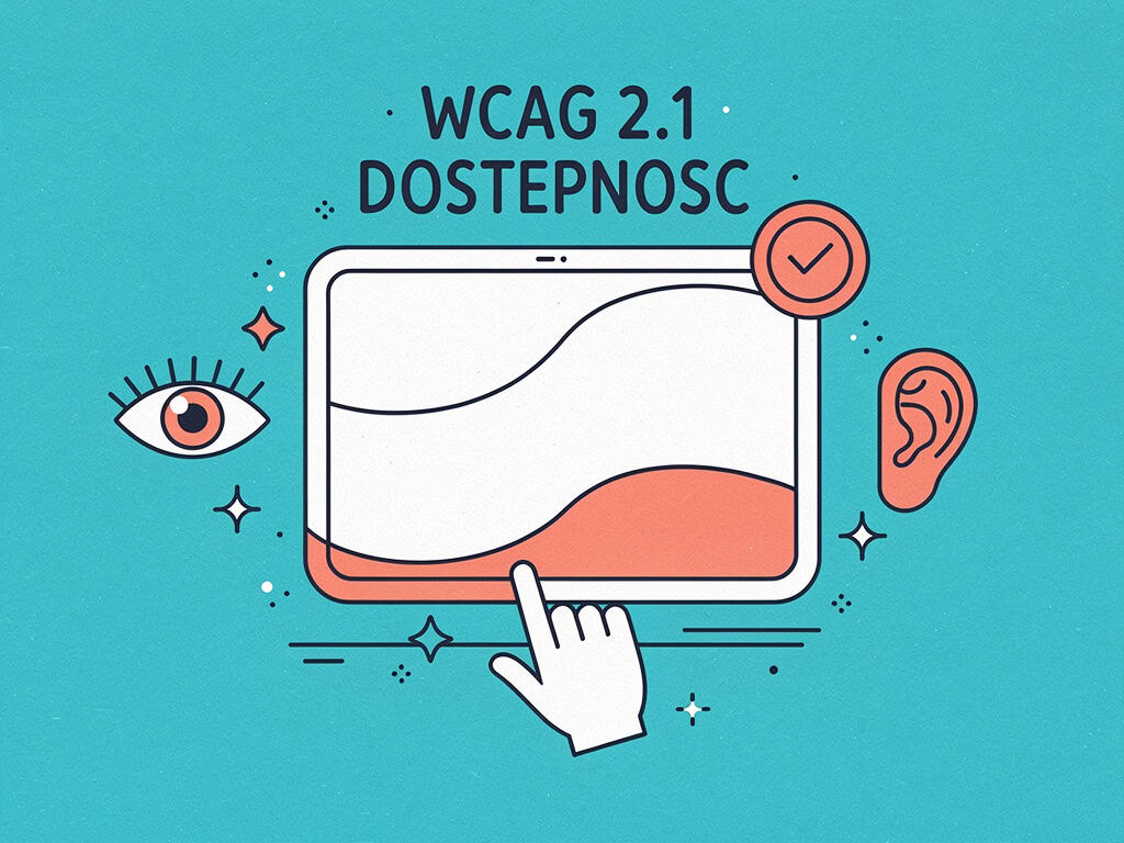 Grafika przedstawiająca ekran komputera z napisem WCAG 2.1 dostępność i symbolami oczu i ucha.